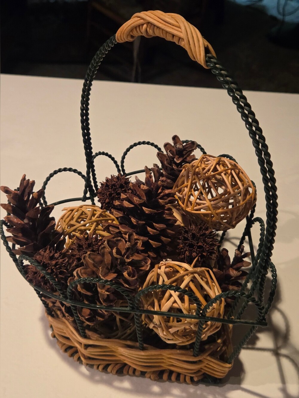 Heart Shaped Wire & Wicker 10" Basket With Pinecones, Sweetgum & Rattan Balls